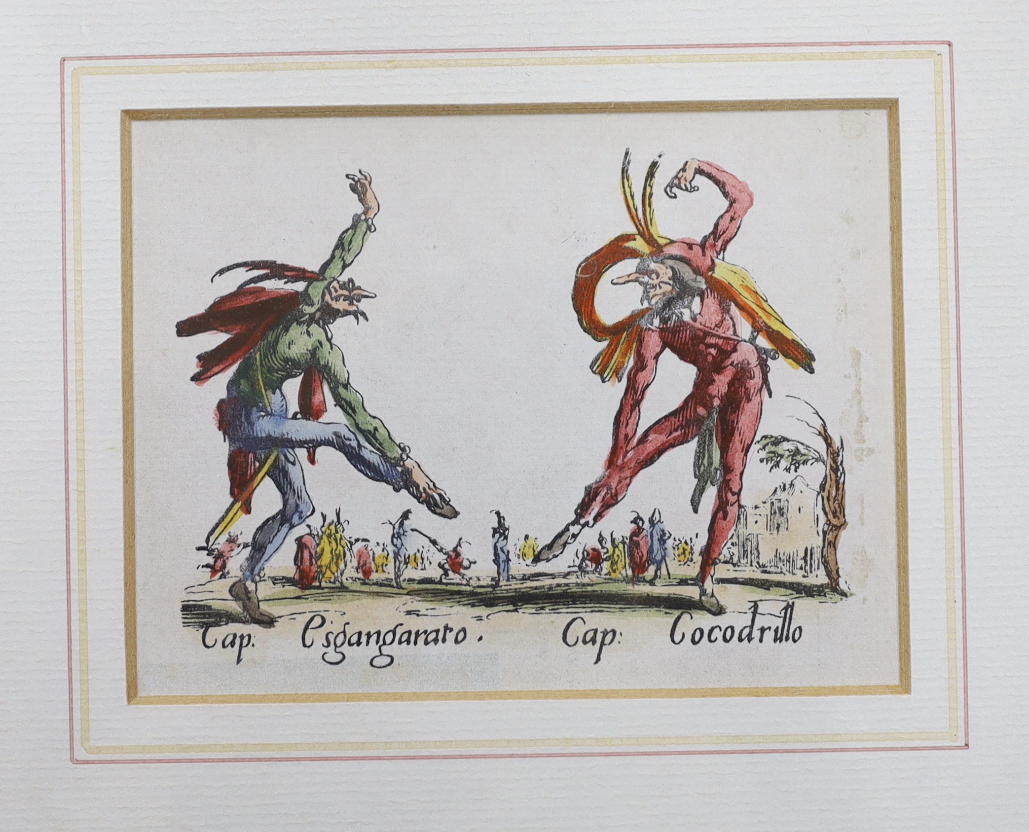 After Jaques Callot (French, 1592-1635), set of six colour prints from the series ‘Balli Di Sfessania’, 8 x 10cm